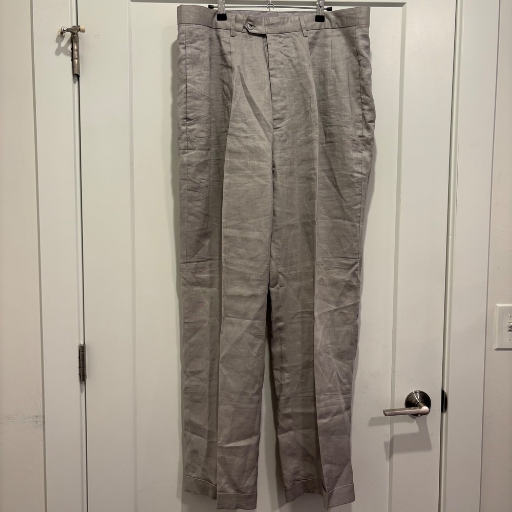 Daniel Ellissa Light Gray 100% Linen Pleated Cuffed Trousers Pants Size 38